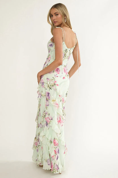 Dreamy Day Ruffle Trim Maxi Dress Mint Floral