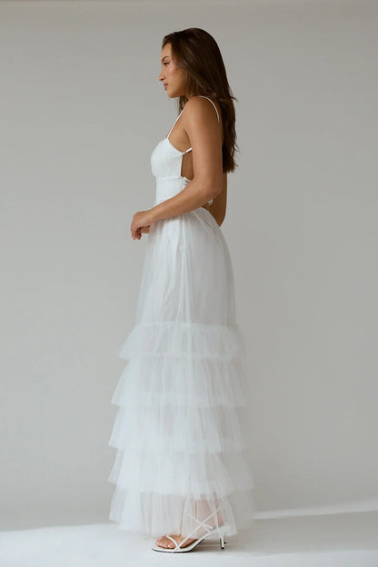 Nerida Twist Back Frill Trim Mesh Maxi Dress White