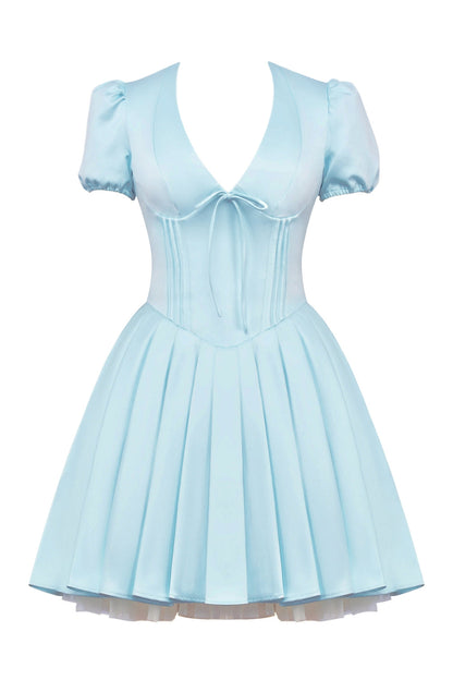 delicate blue satin pleated mini dress