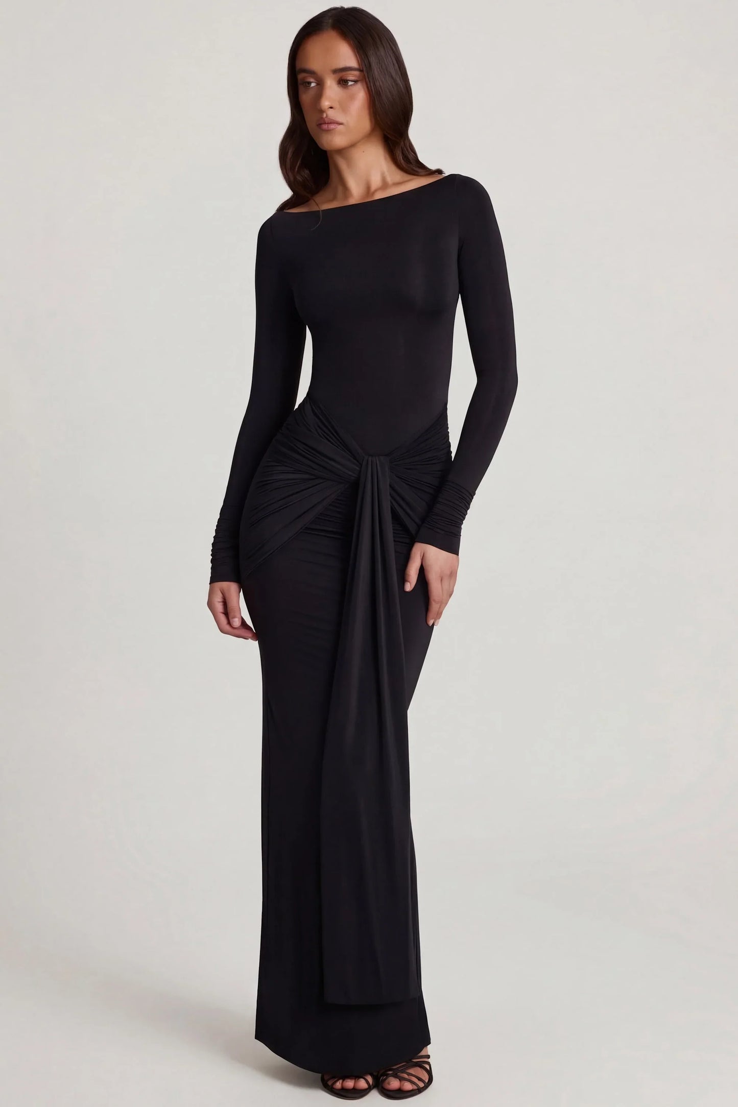 Soft Jersey Boat-Neck Tie-Gather Maxi Dress in Black
