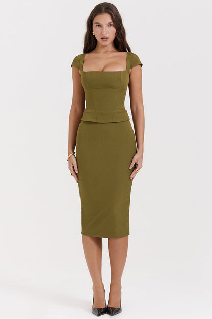 olive corset midi dress
