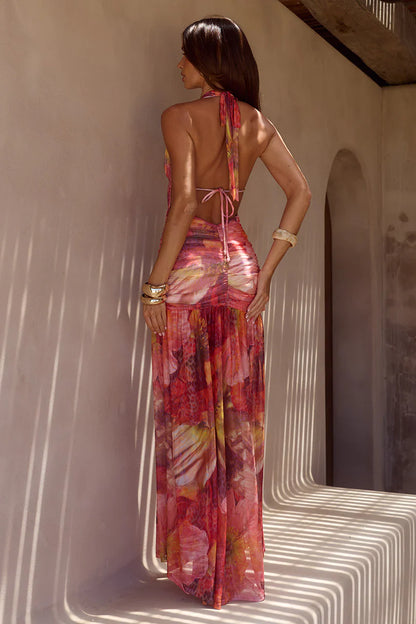 ADRIANNA PLUNGE RUCHED MAXI DRESS - KIARA PEACH