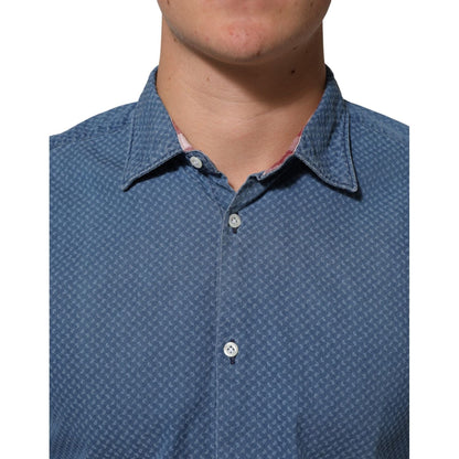 AGLINI Blue Cotton Slim Fit Collared Long Sleeve Casual Shirt