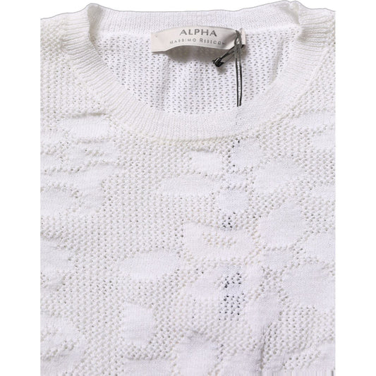 Alpha Studio White Floral Lace Knit Fabric Short Sleeves Blouse Top