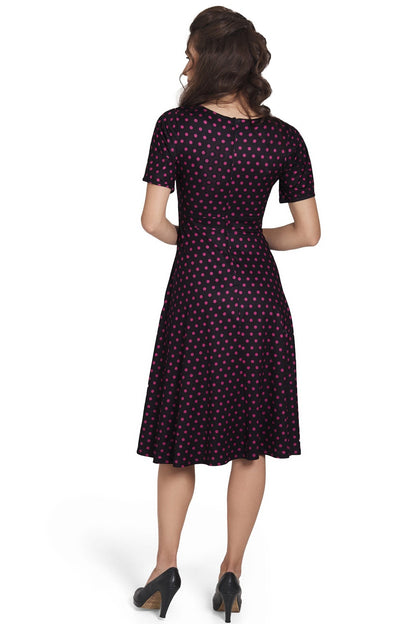 Janice Sleeved Flared Tea Dress in Black Polka Dot Print