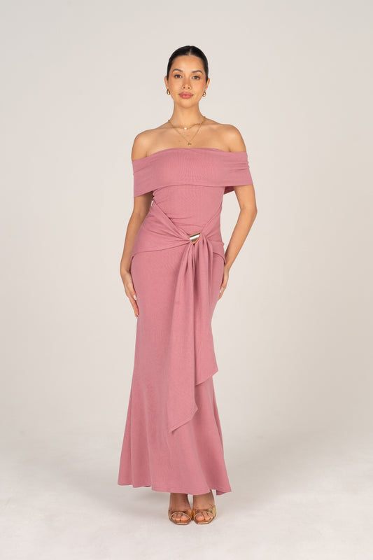 Bronwyn Off-Shoulder Dusty Pink Maxi Dress