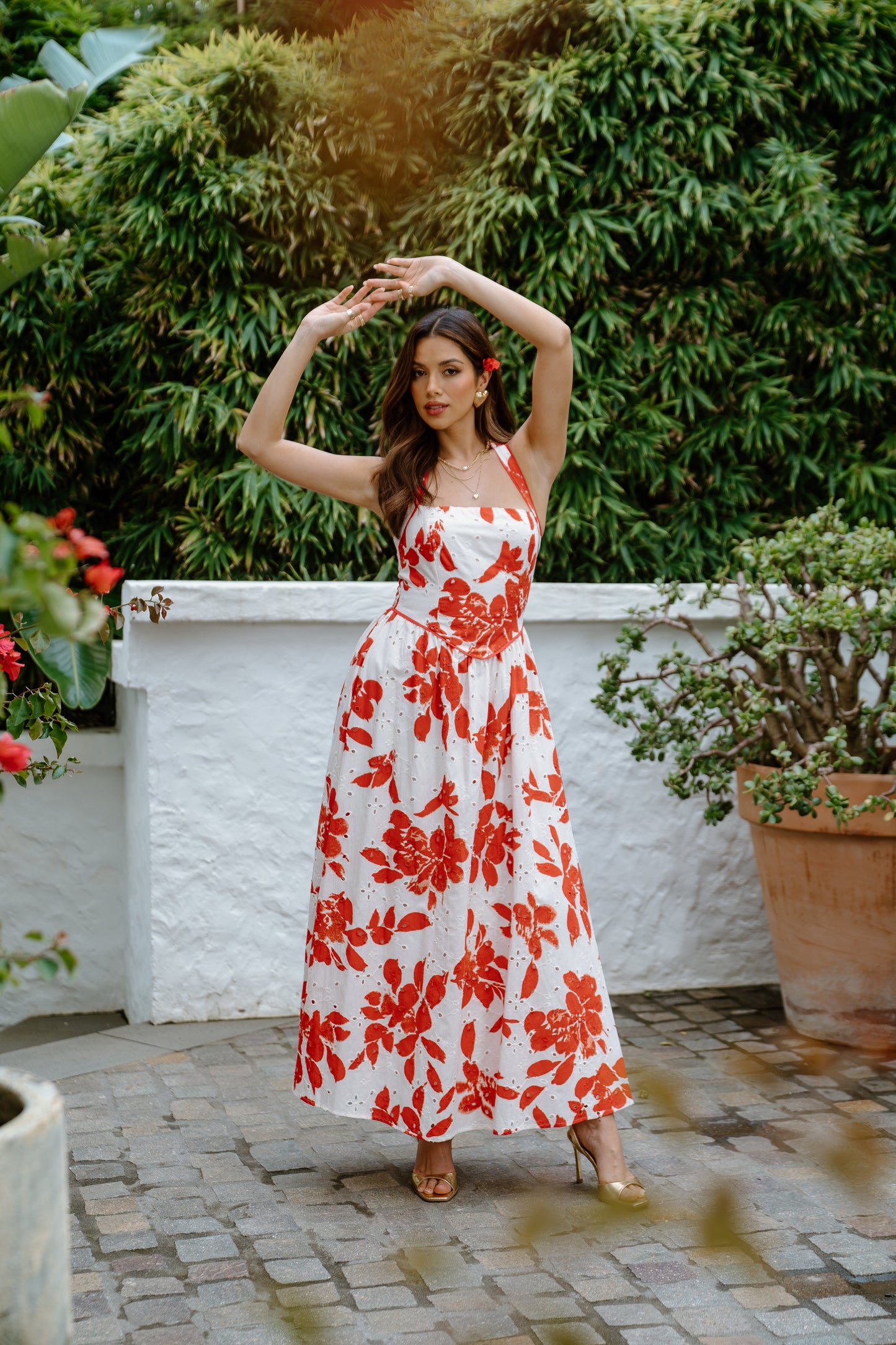 Cassie Red Floral Halter Neck Maxi Dress