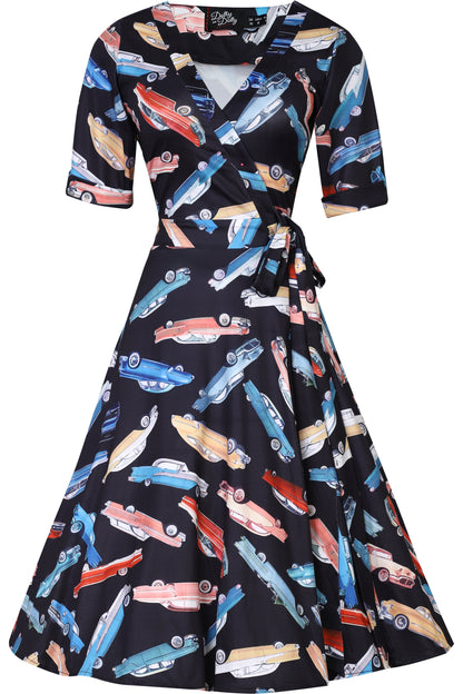 Matilda Classic Car Print Knit Wrap Dress in Black