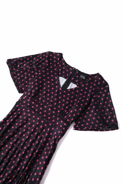 Janice Sleeved Flared Tea Dress in Black Polka Dot Print
