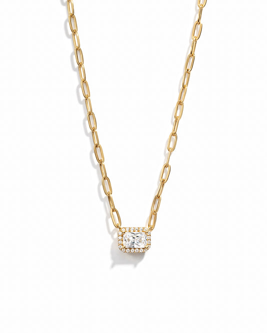 Halo Baguette Necklace w/ Paperclip Chain