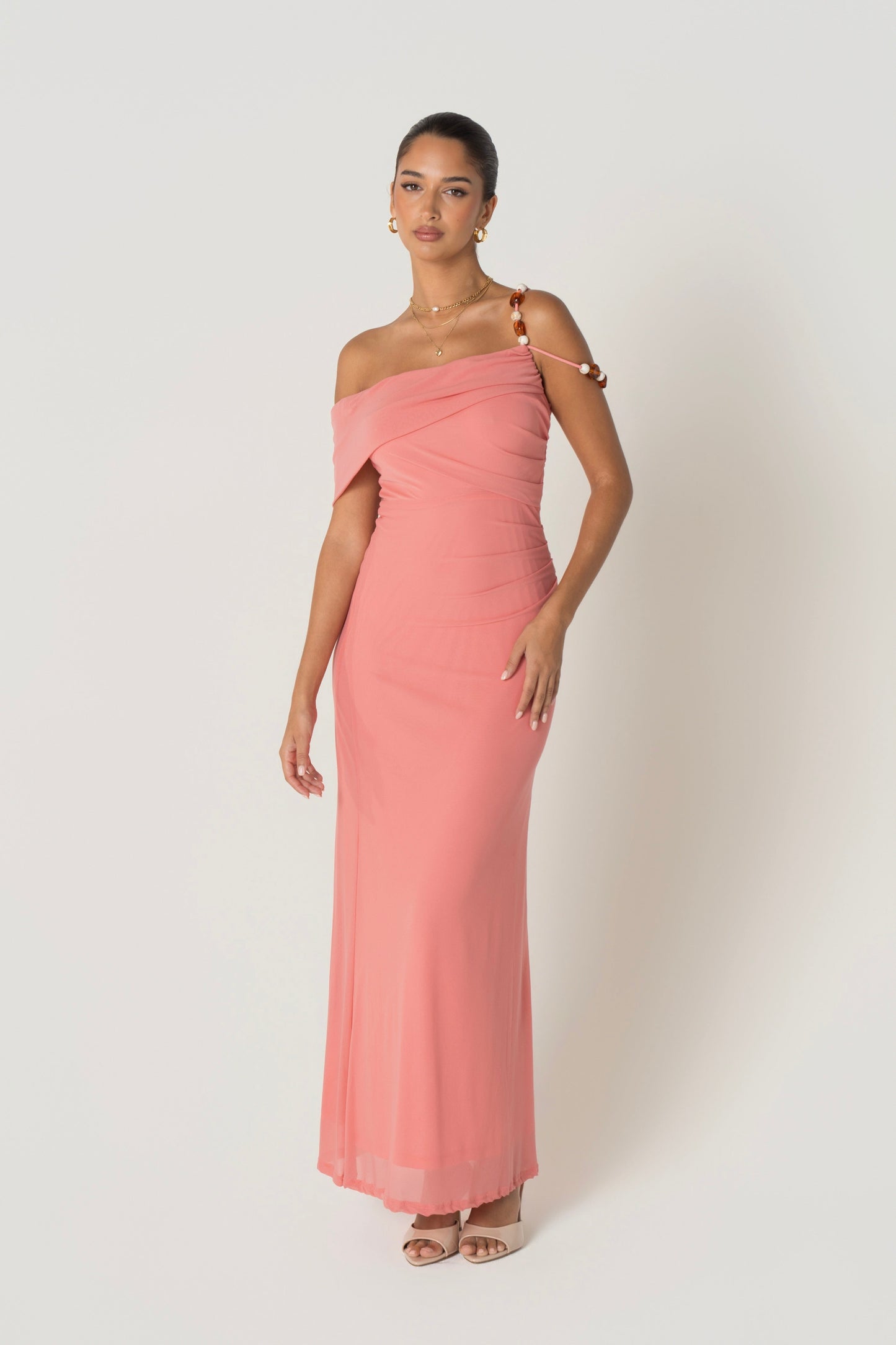 Dina Coral Off Shoulder Dress with Bead Details