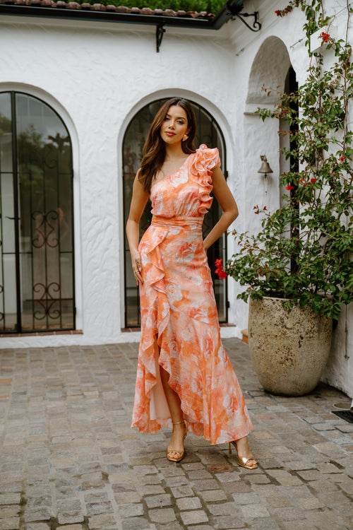Dominique Pink One-Shoulder Ruffle Maxi Dress