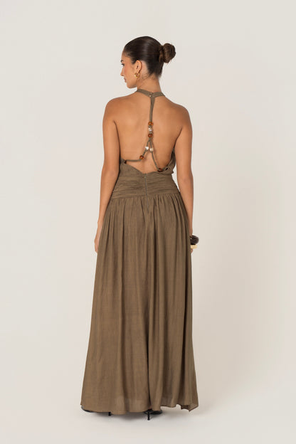 Emmet Khaki Open Back Halter Dress
