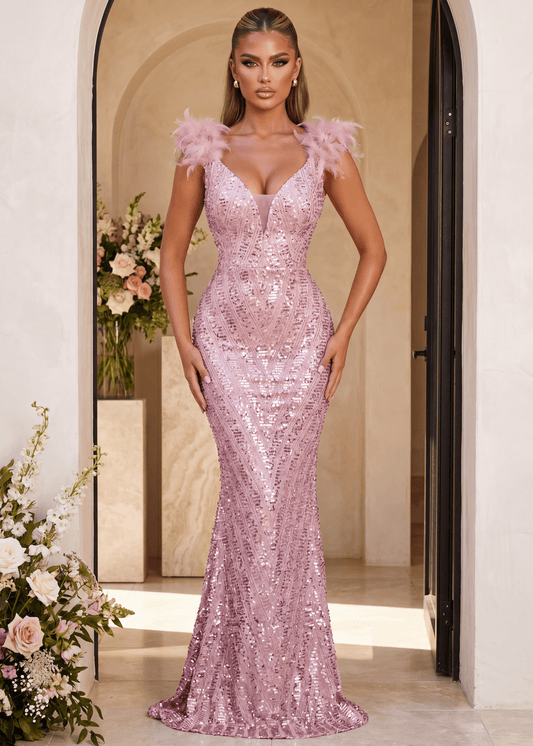 Evening Allure Sequin Feather Gown - Pink