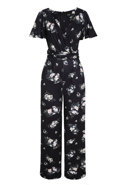 Esther Black Rose Butterfly Sleeved Jumpsuit