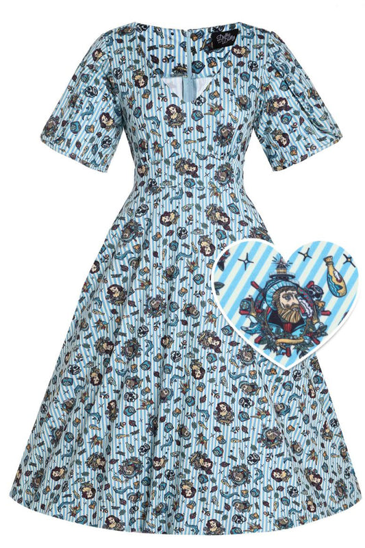 Janice Sleeved Tea Dress in Blue Striped Nautical Print