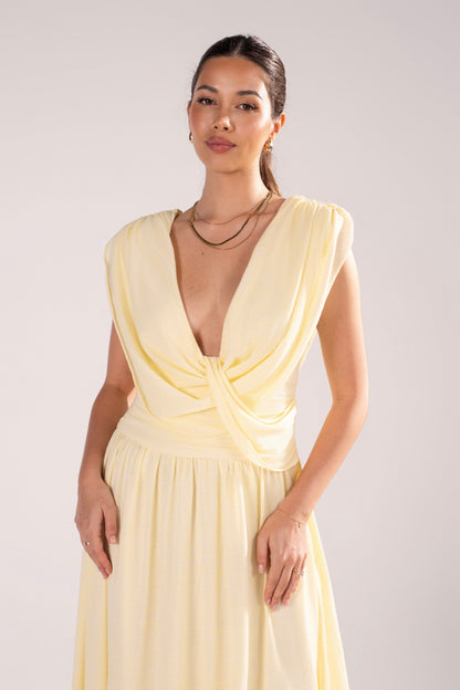 Giovanna Pale Yellow Maxi Dress with Cowl Draping