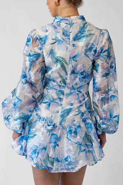 Hazel Blue Print Mini Dress with Long Sleeves