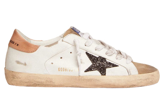 Golden Goose Super Star with black glitter star and pink heel tab (Women’s)