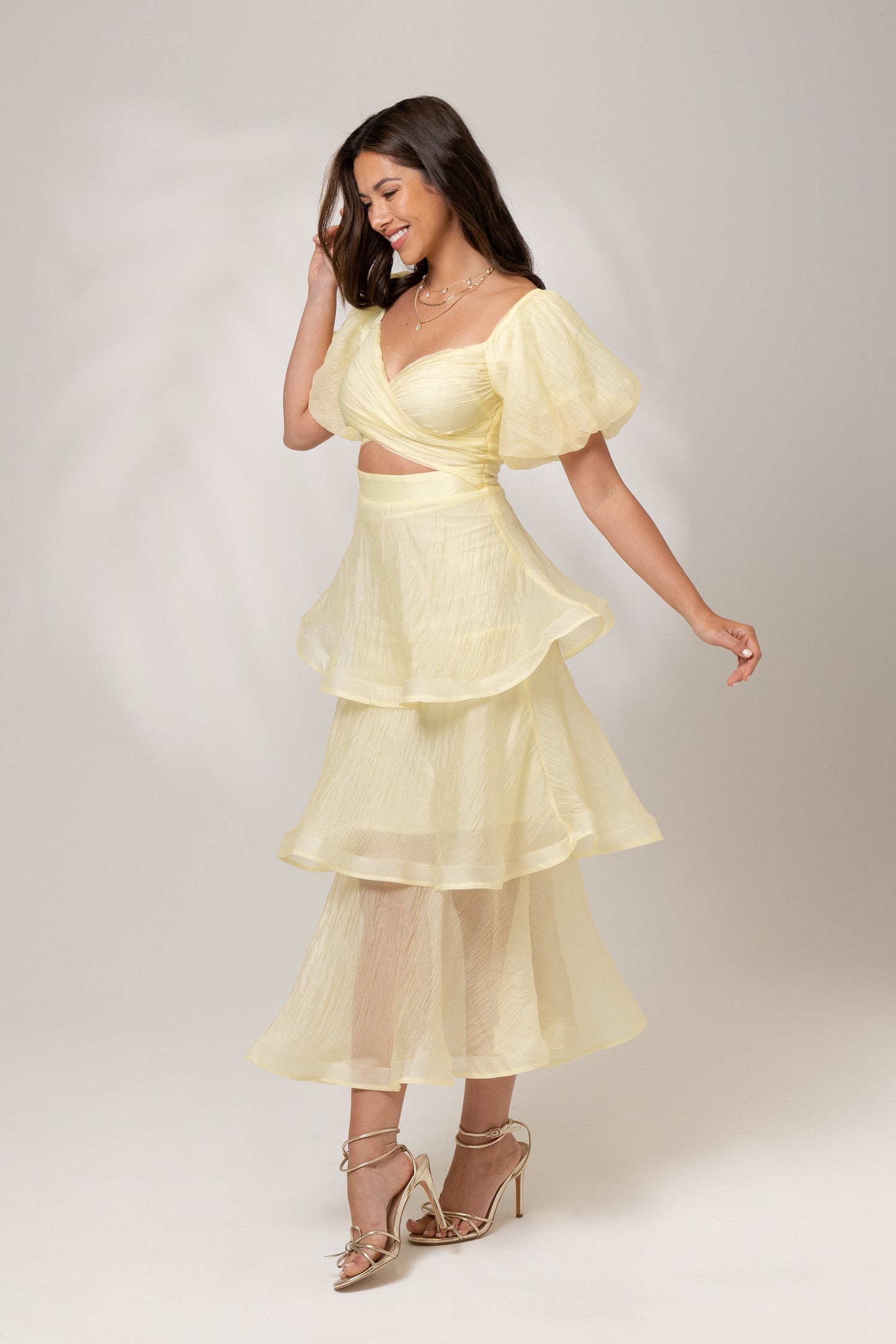 Imogen Tiered Yellow Midi Dress with Puff Sleeves