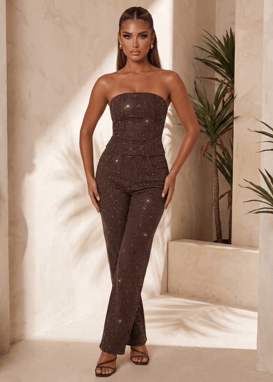Inner Sparkle Embellished Diamante Jeans - Brown
