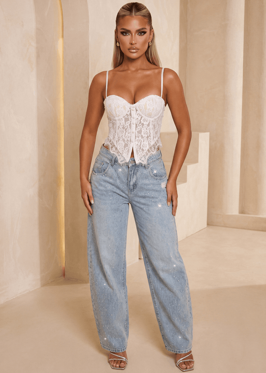 End Of An Era Lace Trim Barrel Denim Jeans - Blue