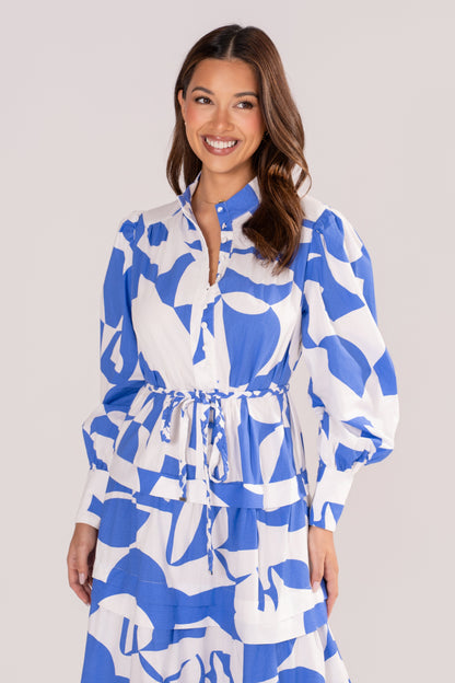 Kayla Blue Print Maxi Dress with Adjustable Waist Tie
