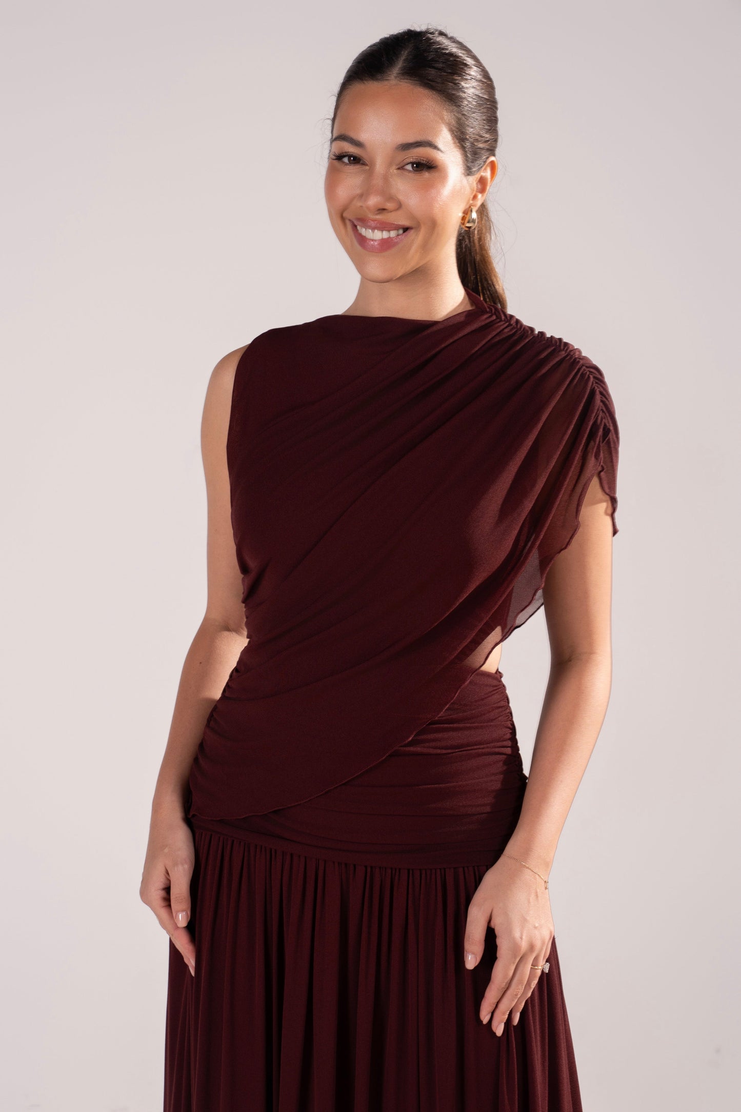 Nylah Draped Bodice Wine Maxi Dress