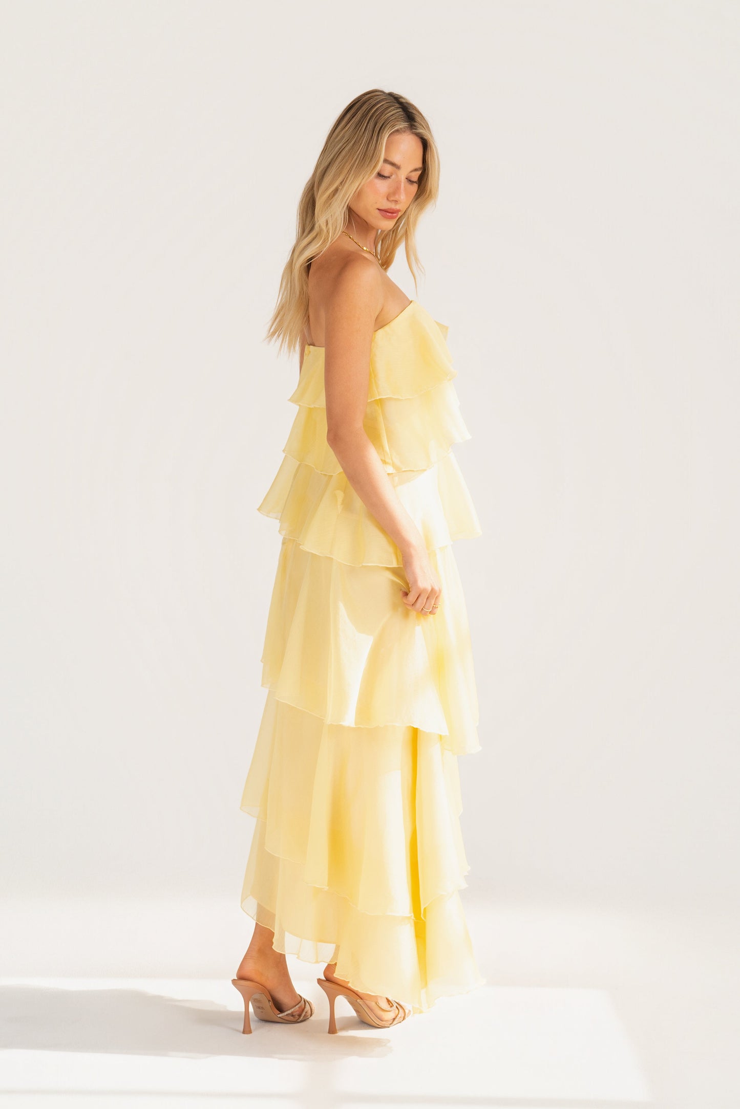 Piper Strapless Yellow Cascading Tier Maxi Dress
