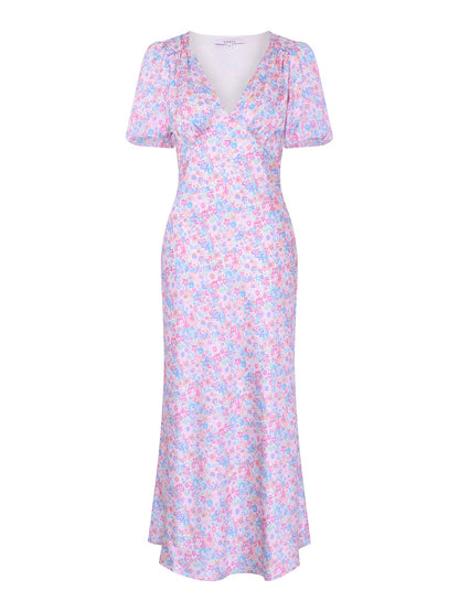Rosie Ruched Puff Sleeve Dress in Sketched Floral Print