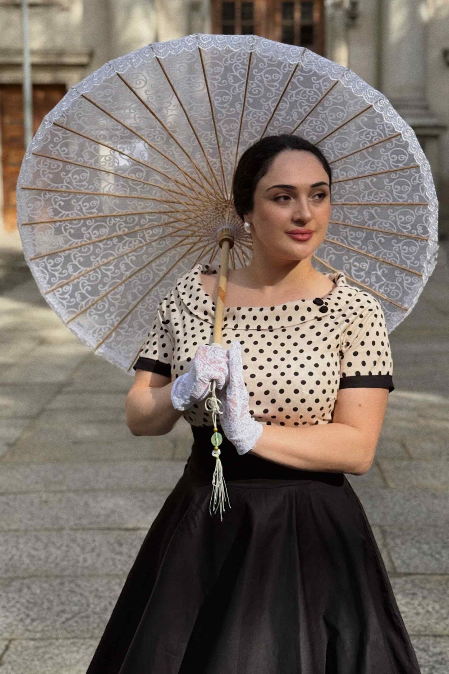 Darlene Retro Polka Swing Dress in Beige-Black