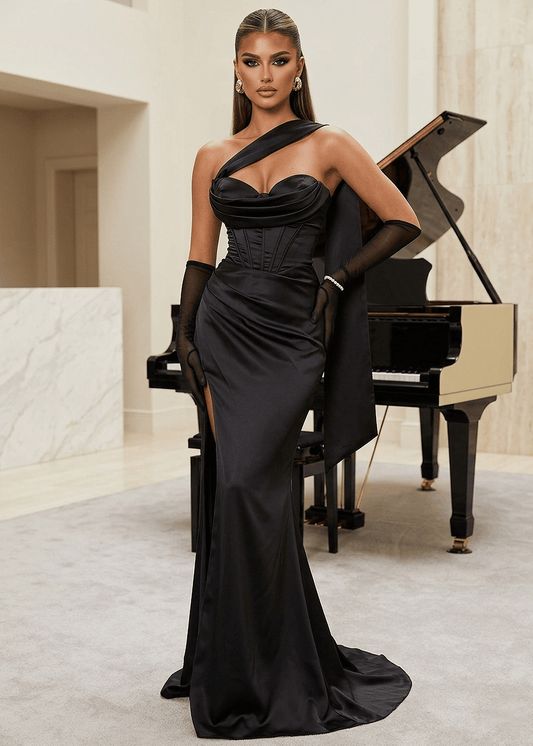 Shadowed Beauty Satin Gown with Neck Scarf - Black