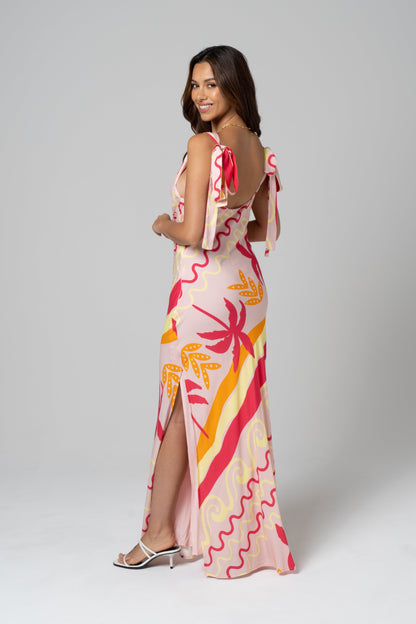 Soleil Pink Tropical Print Maxi Dress with Tie Staps