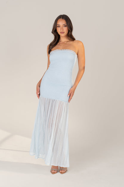 Solenne Soft Blue Strapless Maxi with Sheer Hem