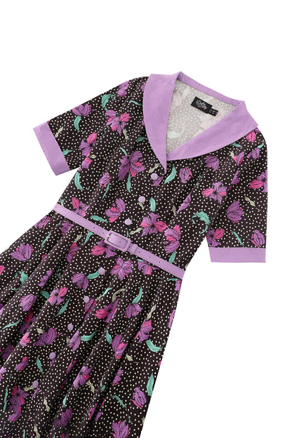 Mollie Purple Floral Full Circle Shirt Dress In Black