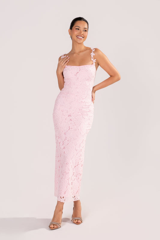 Veda Pink Floral Lace Midi Dress