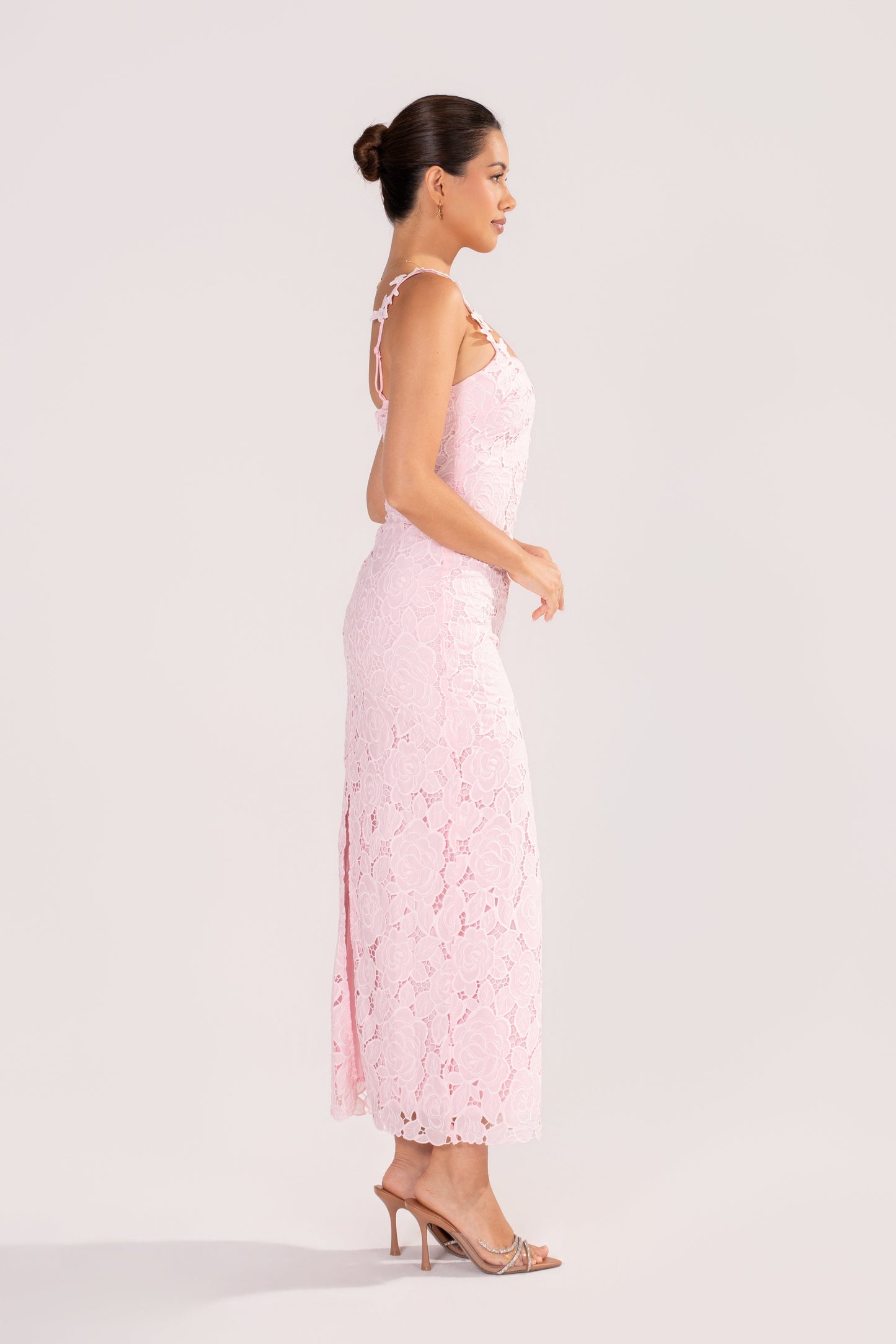 Veda Pink Floral Lace Midi Dress