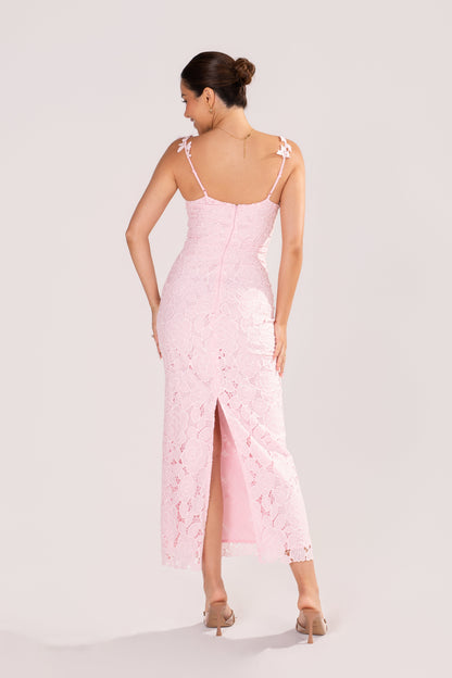 Veda Pink Floral Lace Midi Dress