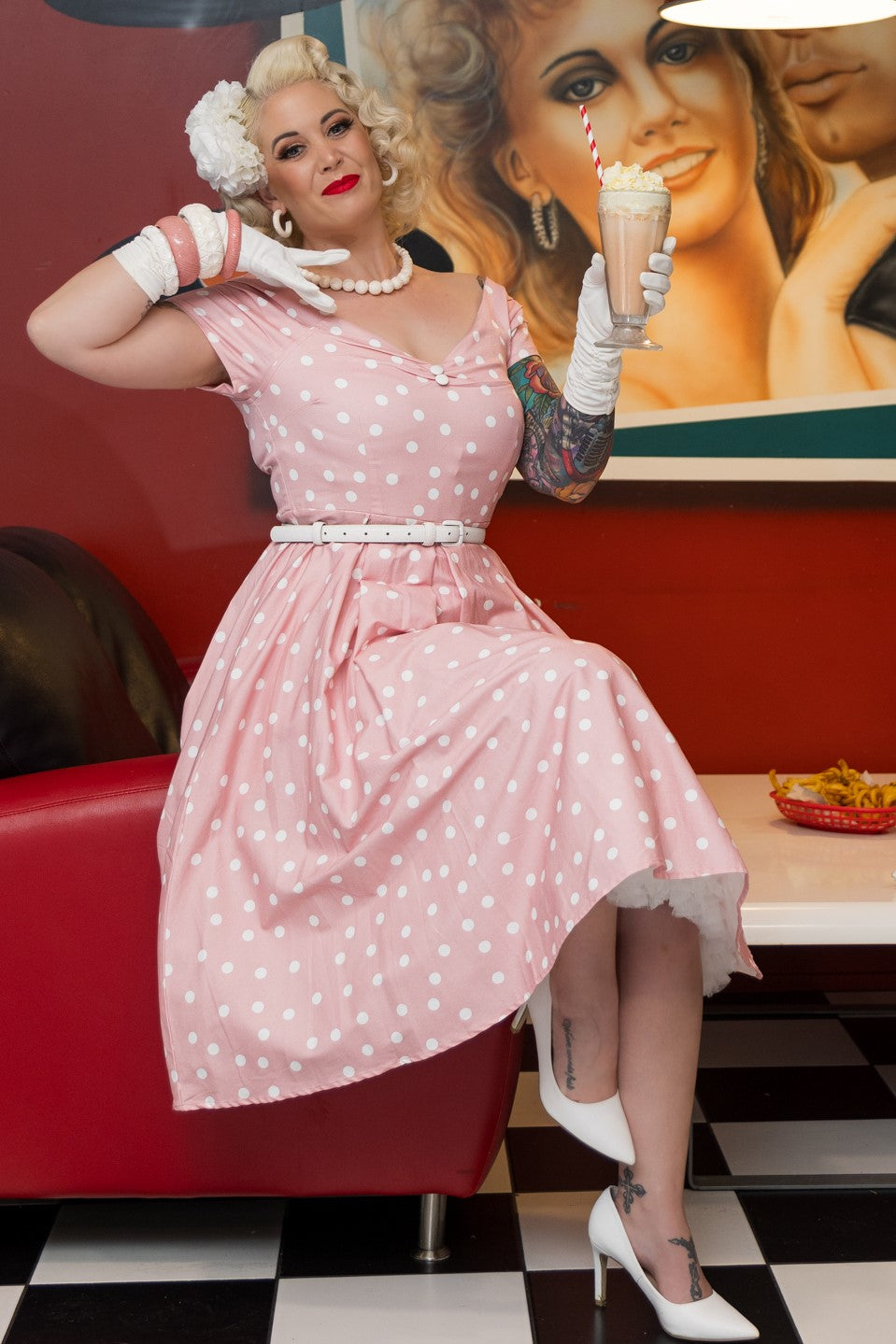 Lily Light Pink & White Polka Dot Off Shoulder Dress