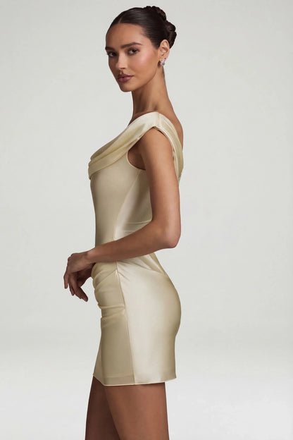 Satin Off-Shoulder Draped Mini Dress in Ivory