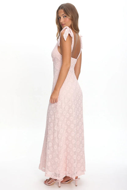 Mykonos Morning Tied Shoulder Maxi Dress Crochet Pink