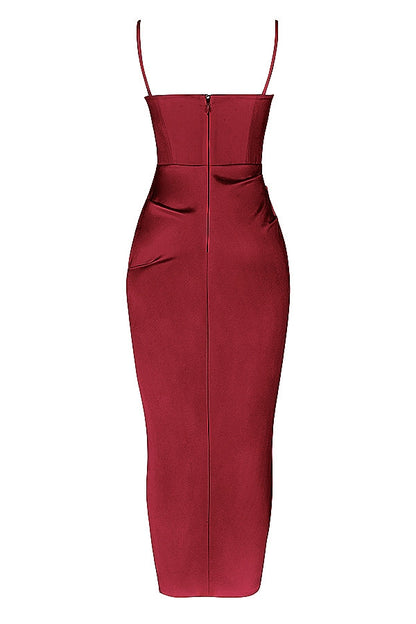 wine satin pleated corset midi dress