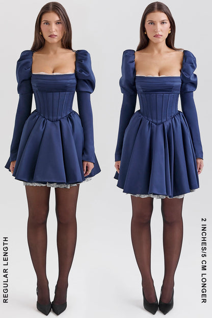 midnight satin puff sleeve mini dress - sale