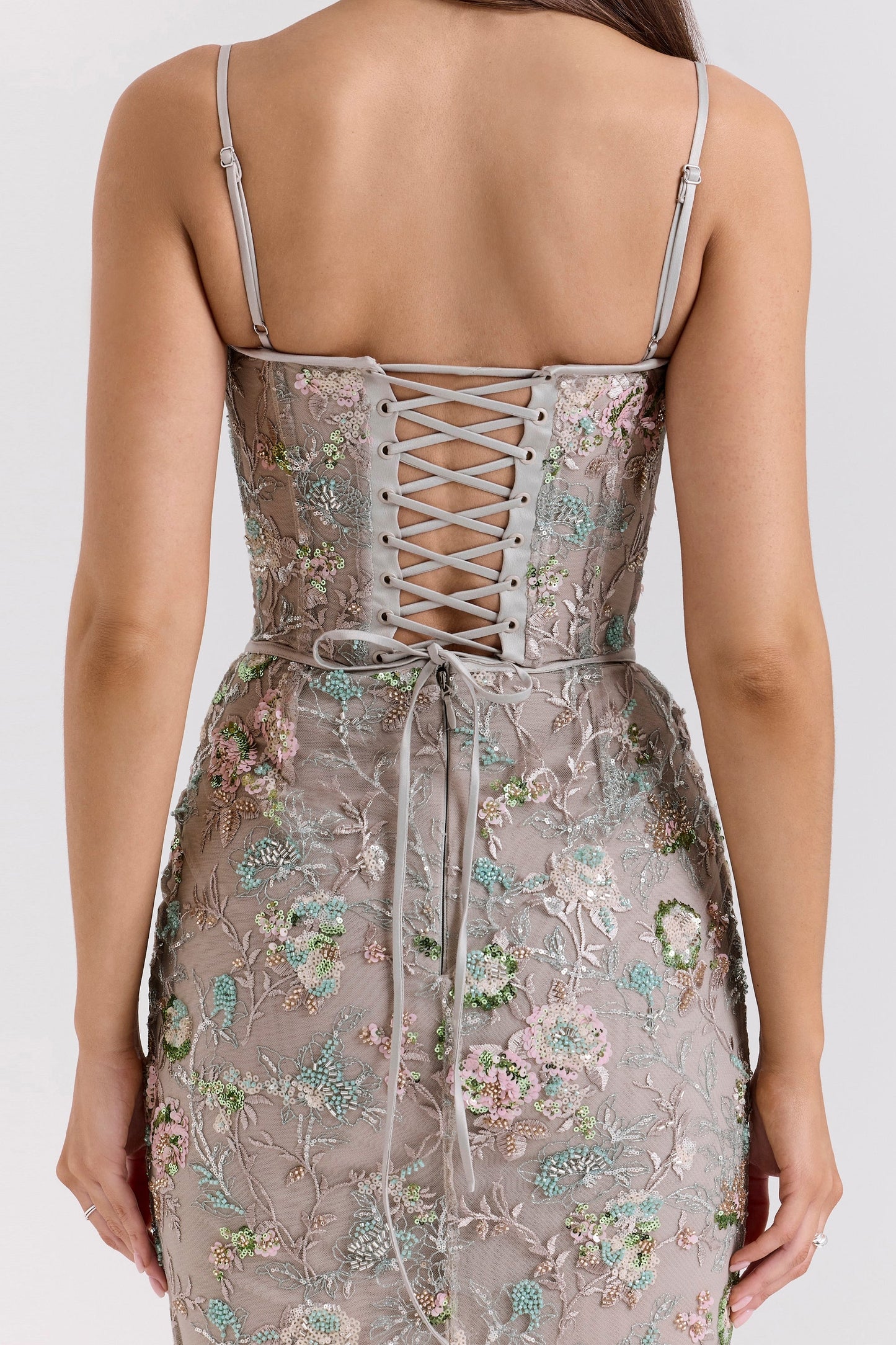 silver embellished beaded corset maxi dress