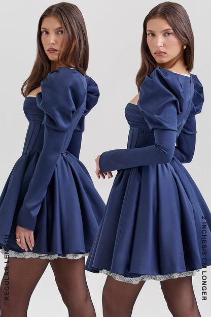 midnight satin puff sleeve mini dress - sale