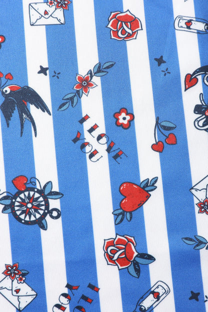 Amanda Blue Striped Rockabilly Swallow Swing Dress
