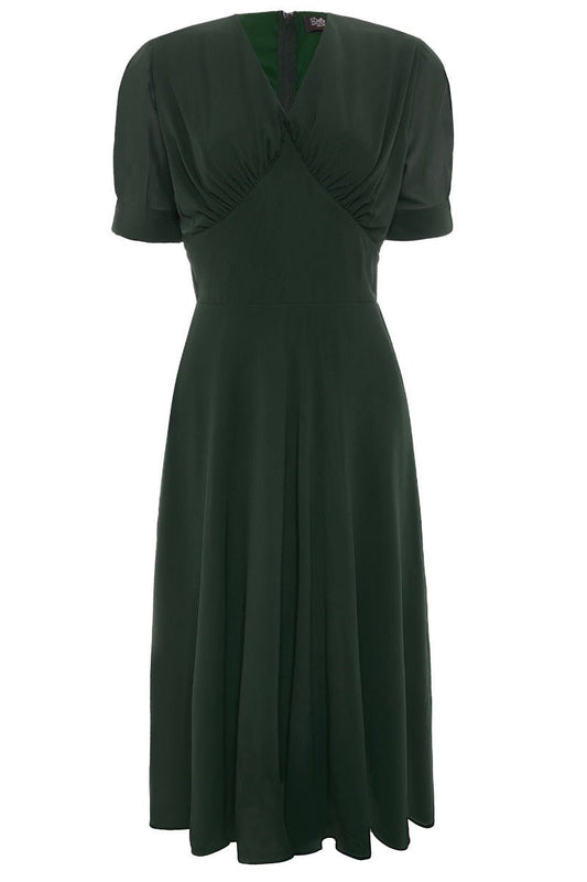 Elise 40's Balloon Sleeved Chiffon Dress in Dark Green