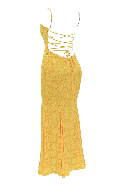 apricot lace up back maxi dress