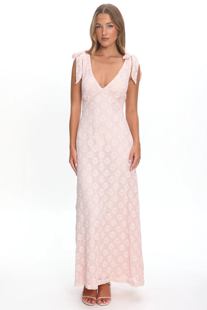 Mykonos Morning Tied Shoulder Maxi Dress Crochet Pink