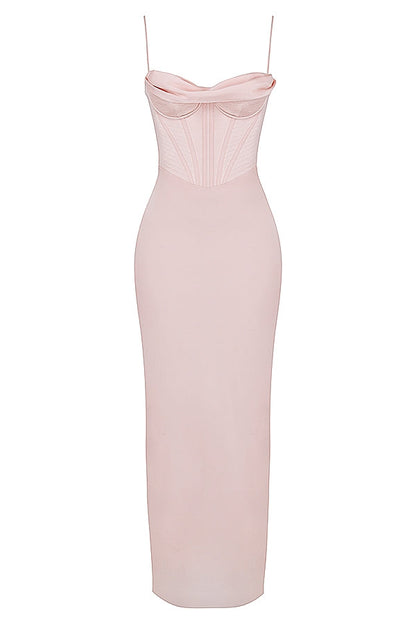 blush pink corset maxi dress